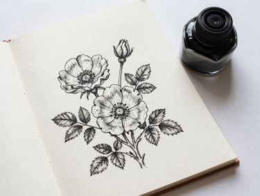 Flat lay of hand-drawn ink sketches of wild roses on raw deckle-edged paper next to a ceramic inkwell, overcast natural light