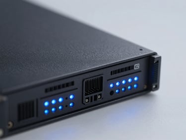 Close-up macro shot of professional telecommunications hardware and sleek server interfaces with blinking blue LED indicators, clean slate-grey background.