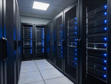 Wide shot of a clean, highly organized modern corporate server room with blue LED status lights, representing secure data infrastructure, cool tones