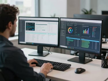 Wide over-the-shoulder shot of a clean, modern workstation in São Paulo, dual monitors showing blurred operational dashboards, bright cool daylight.
