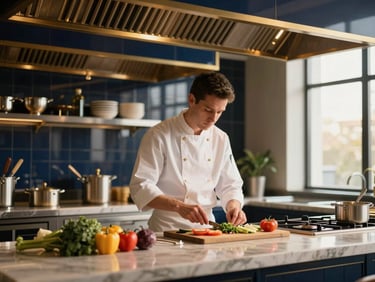 A clean, modern luxury hotel kitchen with a professional kitchen assistant preparing fresh ingredients, soft natural light, 35mm.