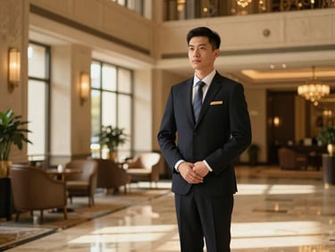 A professional concierge in a dark suit standing elegantly in a grand luxury hotel lobby, warm lighting, editorial style, 35mm.
