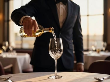 A professional waiter pouring white wine into a crystal glass in a dimly lit, high-end restaurant, golden-hour light, 35mm.