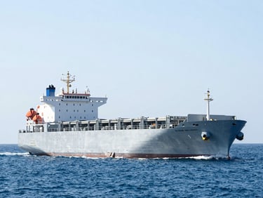 A large commercial cargo ship navigating open ocean waters under bright high-key daylight, clean maritime aesthetic.