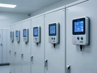 Interior of a modern cold-storage facility with high-tech temperature monitoring systems, cool blue lighting, crisp industrial focus.