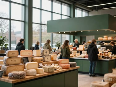 Modern food market hall interior with people browsing artisanal cheese stalls, soft diffused daylight from high windows, Matte Forest Green accents.