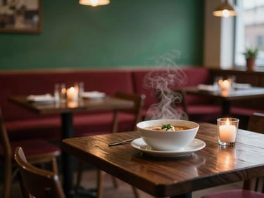 Cozy Scandinavian-style restaurant dining room at dusk, soft candlelight reflecting on dark wood tables, steam rising from a bowl of hot broth, shallow depth of field, 35mm editorial photography.