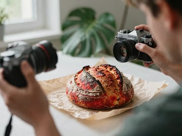 Behind-the-scenes shot of a photographer styling a rustic sourdough loaf on parchment paper, hands holding a vintage camera, soft natural light, 35mm.