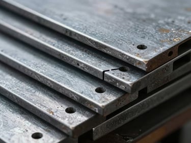 Extreme close-up macro shot of heavy steel plates with clean industrial cuts, cool studio lighting