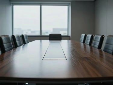 Quiet empty corporate boardroom with a polished metal conference table, cool daylight through large windows