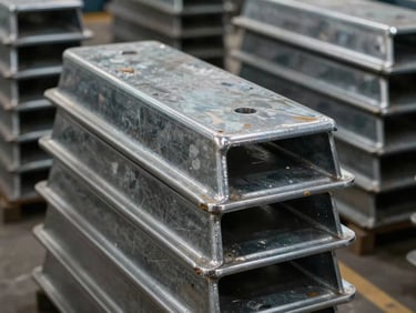 Macro shot of raw metal ingots stacked in a clean, organized industrial warehouse, orthogonal framing