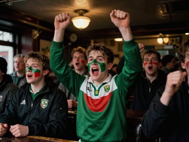 Passionate Mayo GAA fans, faces painted green and red, cheering wildly inside a Boston Irish pub, warm interior lighting, gritty editorial sports photography, 35mm film.