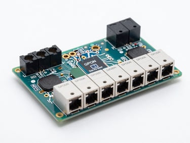 Detailed studio shot of a GPON OLT board, visible circuits and fiber connectors, cool neutral lighting