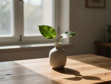 Soft morning light streaming through a window onto a wooden table, a single green leaf in a ceramic vase, calm composition, minimalist aesthetic.