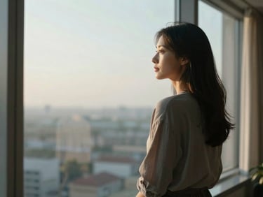 A relaxed woman looking out a tall window with soft afternoon light, peaceful and unhurried posture, negative space.