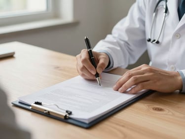 Close-up of a physician's hands reviewing a patient chart at a clean desk, warm light from a nearby window, natural wood surface visible