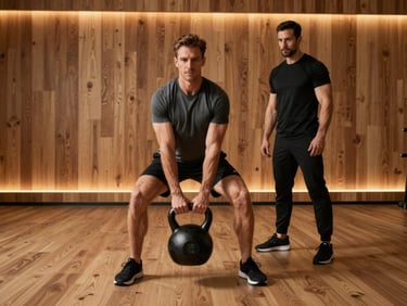 Client performing a controlled kettlebell movement in a modern fitness studio, warm ambient light, wood-paneled wall in background, coach observing from the side