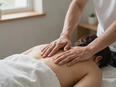 Therapist's hands performing gentle manual therapy on a patient's shoulder in a bright treatment room, natural daylight, clean linen and warm gray walls