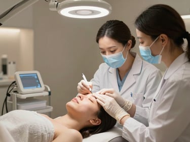 Medical aesthetic consultation in progress, practitioner examining a client's skin under warm clinical lighting, modern treatment chair, clean neutral-toned room