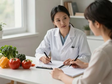 Nutritionist reviewing a meal plan with a client across a clean desk, fresh vegetables and a notebook visible, warm natural light from a side window