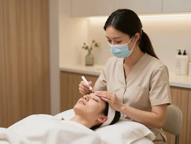 Cosmetology treatment in progress, practitioner applying a facial treatment to a relaxed client, warm studio lighting, clean minimalist treatment room with natural wood accents