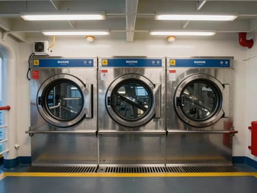 Marine laundry room aboard an offshore support vessel, front-loading industrial washing machines bolted to bulkhead with anti-vibration mounts, overhead strip lighting, stainless steel drainage channels on floor