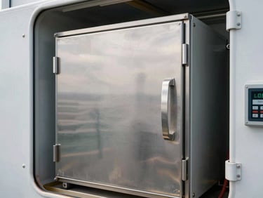 Marine refrigeration unit with stainless steel door and recessed handle installed flush in a ship galley storage bay, overcast natural light from a nearby hatch, temperature control panel with sealed buttons visible on the front face