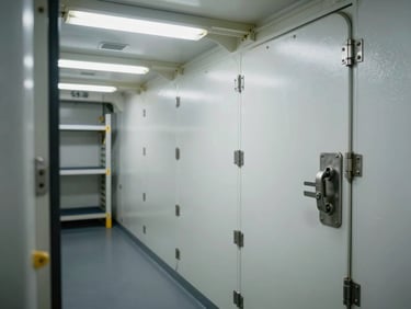 Cold storage room interior aboard a product tanker, insulated panel walls with sealed stainless hinges, industrial shelving units, low-temperature fluorescent lighting, heavy-duty door latch mechanism in foreground