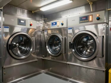 Marine laundry room aboard a commercial vessel, front-load industrial washing machine and tumble dryer mounted on vibration-dampening brackets against a steel bulkhead, control panels lit under working fluorescent light, stainless steel drain tray visible at floor level