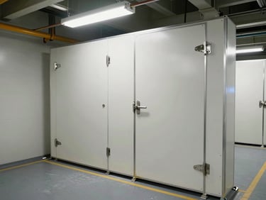 Insulated cold storage room panels being installed in a ship's provision hold, stainless-steel fittings and sealed door hinges under shipyard fluorescent lighting, wide shot showing room scale