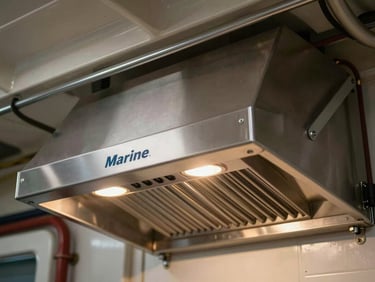 Close-up of a marine-grade stainless steel commercial range and overhead extraction hood installed against a vessel bulkhead, warm tungsten interior lighting, sealed wiring conduits visible along the mounting rail