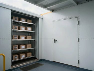 Modular cold storage room interior aboard a commercial vessel, insulated panel walls with marine-grade riveted joins, stainless steel shelving loaded with provision boxes, heavy-duty sealed door with recessed handle visible, overcast daylight from an open hatch above
