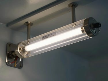 UV sterilization lamp unit mounted inside a ship's galley or medical space, sealed quartz tube and stainless bracket visible under studio strobe light, tight close-up showing spec label and electrical connections