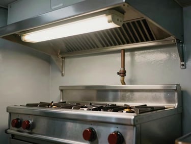 Close-up of marine galley stainless steel cooking range installed in a compact ship galley, overhead fluorescent working light, sealed gas connections and ventilation hood visible, utilitarian finish