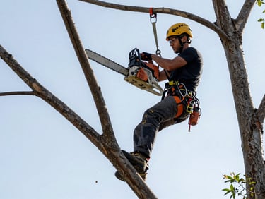 A professional tree climber in safety harness and helmet cutting a high branch with a chainsaw, bright daylight, wood chips flying.