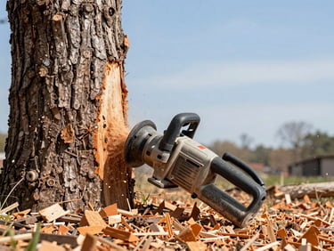 A powerful high-horsepower stump grinder chewing through a massive tree trunk, safety orange wood chips spraying, bright direct daylight, rugged outdoor photography, 35mm lens
