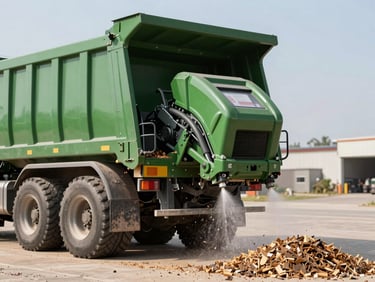 A modern high-capacity wood chipper spraying mulch into the back of a large green dump truck, clean outdoor setting.