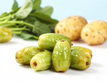 Vibrant fresh dates, potatoes, and green vegetables arranged on a clean light background, bright daylight, 50mm