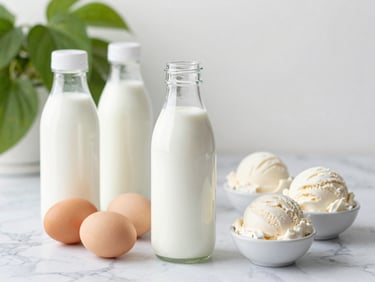 Clean dairy bottles, fresh farm eggs, and premium ice cream on a marble counter, bright natural lighting, 50mm