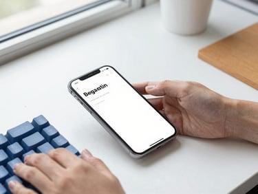 Overhead clean desk setup, a modern smartphone displaying a clean text interface, hands typing on a mechanical keyboard nearby, bright natural window light.