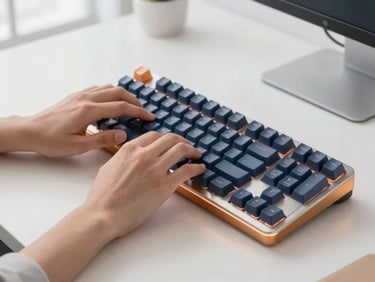 Hands typing on a sleek mechanical keyboard, clean workspace, warm amber light accents, professional 35mm photography