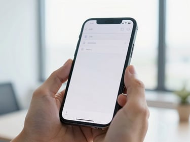 Close-up of a hand holding a smartphone displaying a clean text message layout, bright natural window light, shallow depth of field