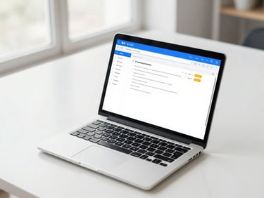 Overhead shot of a clean modern desk with a laptop showing a clean email dashboard, crisp blue accents, bright high-key lighting