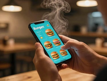 Hands holding a smartphone showing a colorful burger menu with cyan accents, warm ambient kitchen background, steam rising, shallow depth of field, 35mm