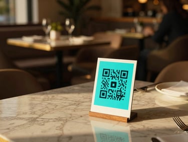 A warm, elegant dining room of a modern bistro, a customer scanning a minimal QR code stand on a marble table, soft golden hour light, shallow depth of field, 35mm