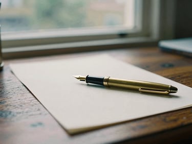 Close-up of heavy cream paper stock and a brass fountain pen resting on an antique oak desk, soft diffused London daylight from a window, moody editorial photography, 35mm film grain