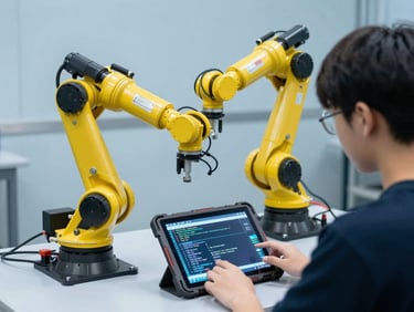 Over-the-shoulder shot of a student programming a yellow six-axis robotic arm, diagnostic code visible on a rugged tablet screen, clean industrial background, cool blue lighting, sharp focus.