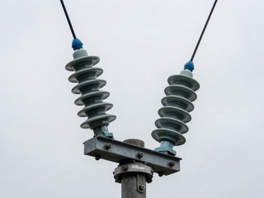 Close-up of heavy-duty high-voltage insulators and steel hardware mounted on a utility pole, overcast gray daylight, sharp industrial focus.