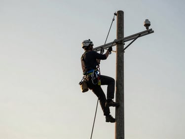 Lineman in full safety harness and heavy climbing gear working high on a utility pole, dramatic late-afternoon sun highlighting steel tools.