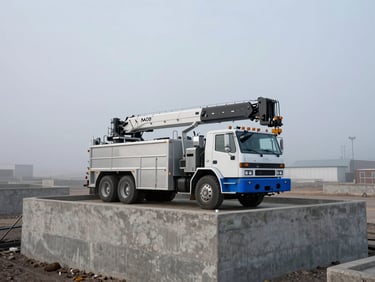 Heavy utility service truck rigged with crane arms parked at a massive concrete substation foundation, cold morning mist, Herriman Utah.